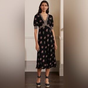 Boden Short Puff Sleeve Black Eva Jersey Midi A-line Floral Trim Sz US 8